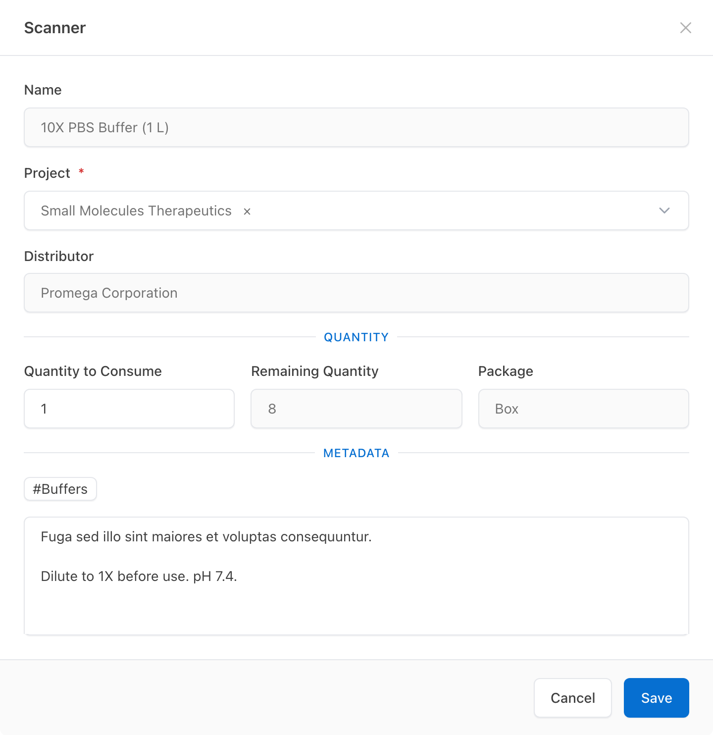 10X PBS buferio suvartojimo forma su projektu ir likusiu kiekiu