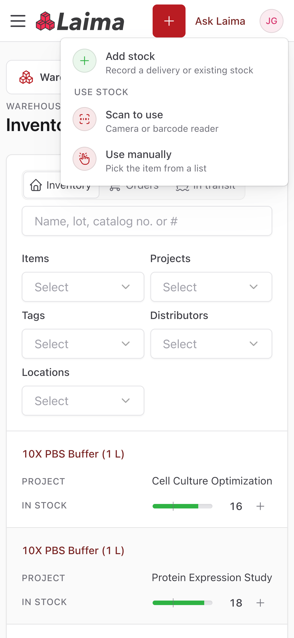 Meniu „Inventory actions“ (atsargų veiksmai) telefone su „Add stock“, „Scan to use“ ir „Use manually“