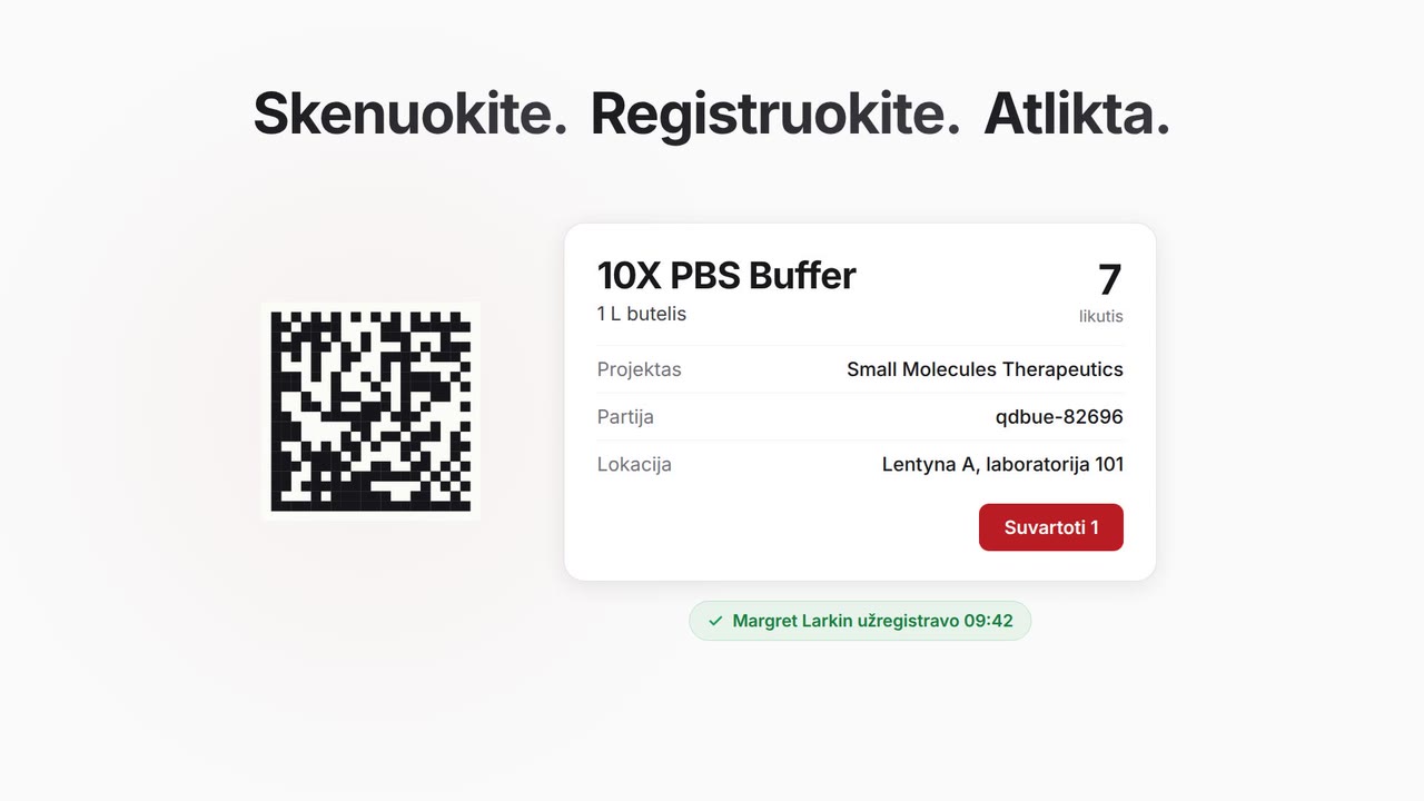 LAIMA per 36 sekundes: skenuokite etiketę, registruokite suvartojimą, stebėkite galiojimą, išlaidas ir veiksmų istoriją. Nemokama laboratorijoms.